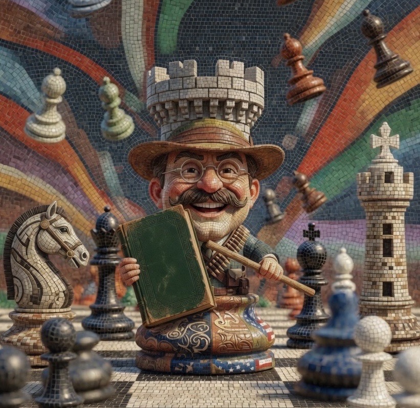 Teddy Rook, una figura de mosaico con un sombrero en forma de torre, rodeada de piezas de ajedrez
